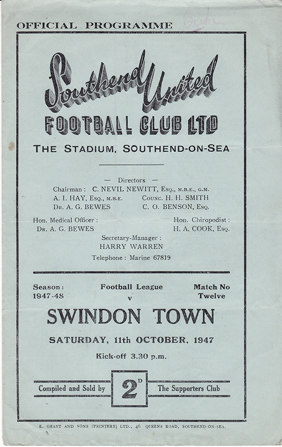 <b>Saturday, October 11, 1947</b><br />vs. Southend United (Away)
